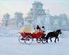 Un carruaje pasa ante un edificio de hielo en la ciudad de Harbin, al noreste de China. / VICTORIA BOLAND